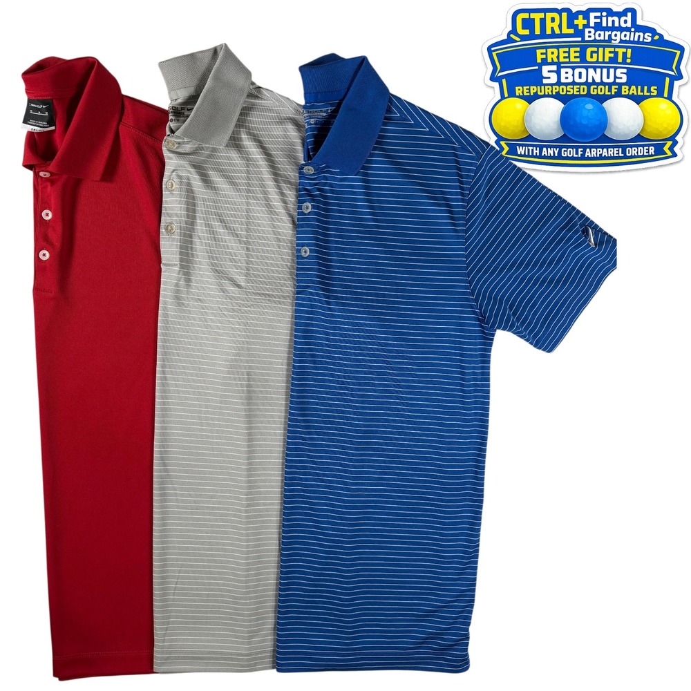 Nike Golf Men's Dri-FIT Polo Shirt Bundle 3 Pack Red, Grey, Blue Striped Size M